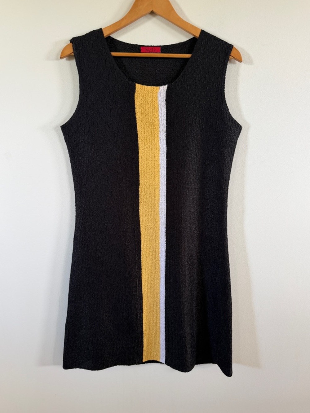 Saint Gil Paris Sleeveless Black sheath dress Yellow & White Center Stripe large